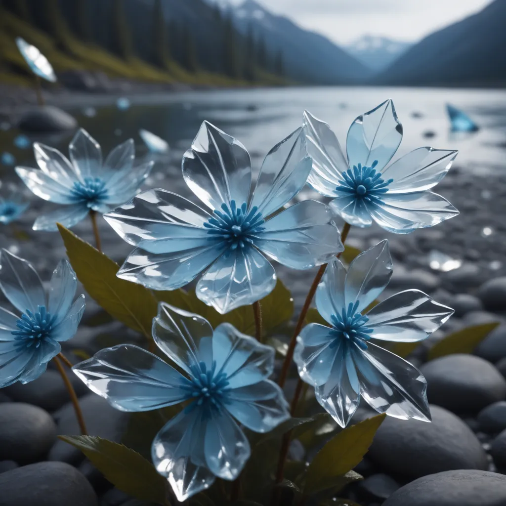 The image is of a group of transparent flowers with blue centers. The flowers are arranged in a cluster, with the tallest flower in the center. The flowers are surrounded by small, smooth rocks, and there is a body of water and mountains in the background. The overall effect of the image is one of beauty and serenity.