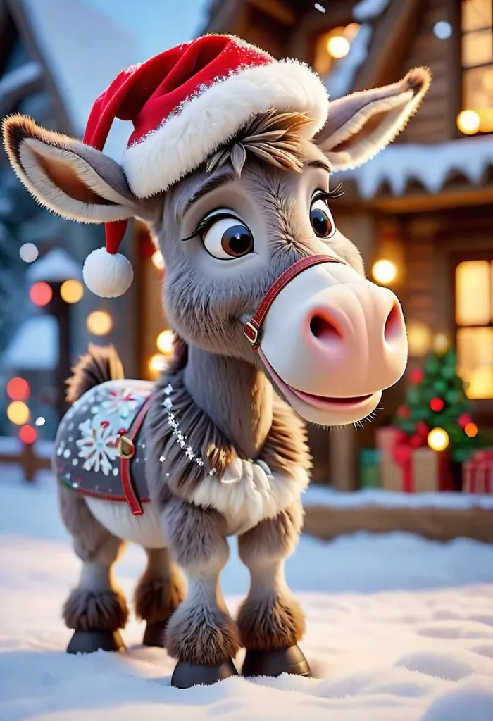 This is a cute cartoon donkey. It is wearing a red Santa hat and a decorated blanket with snowflakes on it. The donkey is standing in the snow and there is a house with Christmas lights in the background. The donkey has big brown eyes and a pink nose. It is smiling and looks very happy.