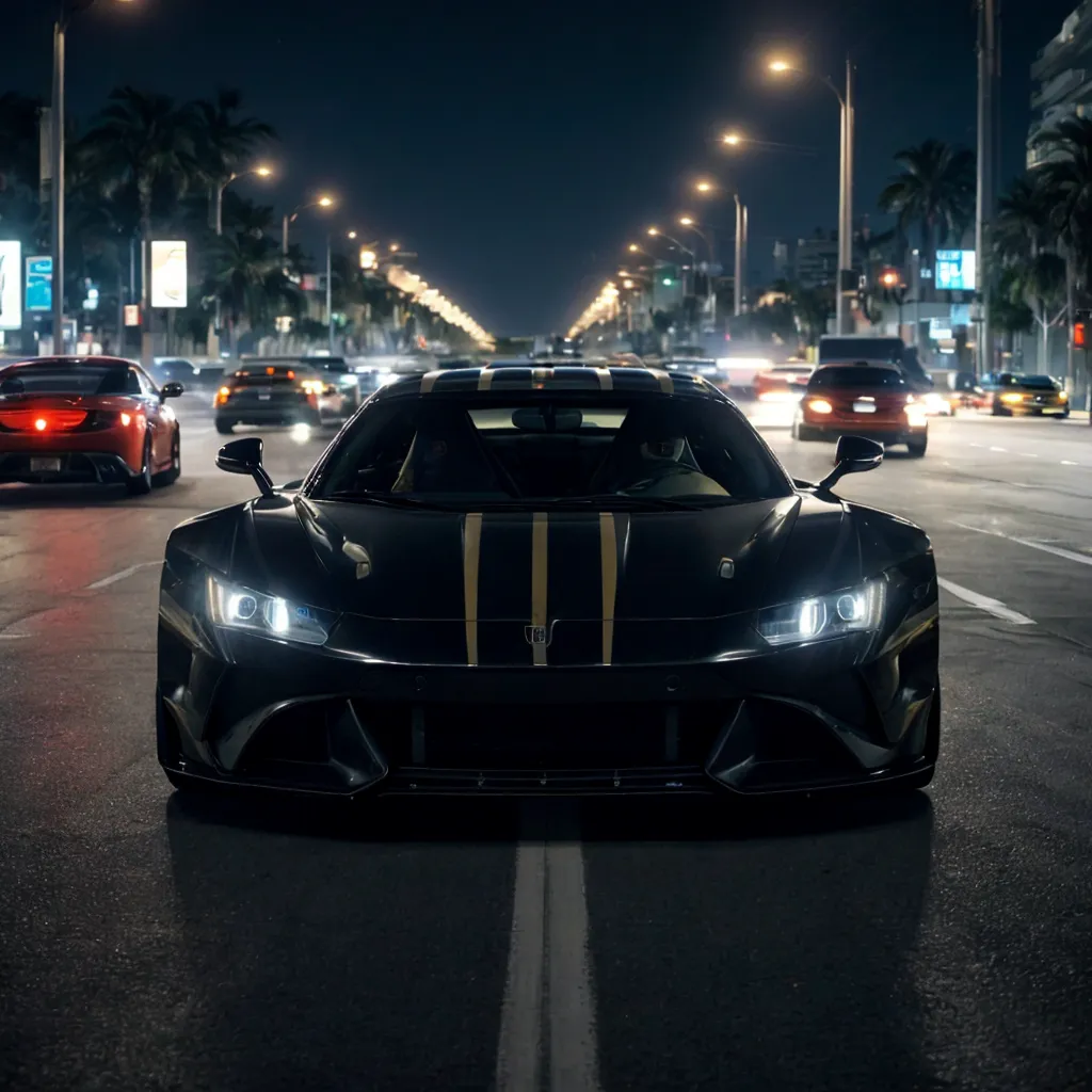 A black sports car is driving down a city street at night. The car is blurred, and the background is in focus. The street is lined with palm trees, and the lights of the city are reflected in the car's windows. The car is moving fast, and it looks like it is about to pass another car. The image is full of motion and excitement. It captures the feeling of speed and the thrill of the chase.