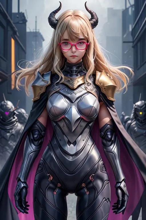 The picture shows a beautiful anime girl with long blonde hair and pink glasses. She is wearing a silver and pink armor and has horns on her head. She is standing in a futuristic city with other armored people behind her.