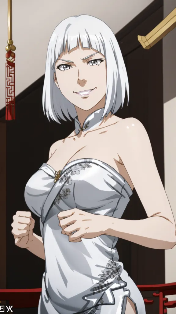 The picture shows a woman with short white hair and grey eyes. She is wearing a white and silver旗袍dress with a floral pattern. She has a confident smile on her face and is standing with her fists clenched. Her expression suggests that she is ready for a fight.