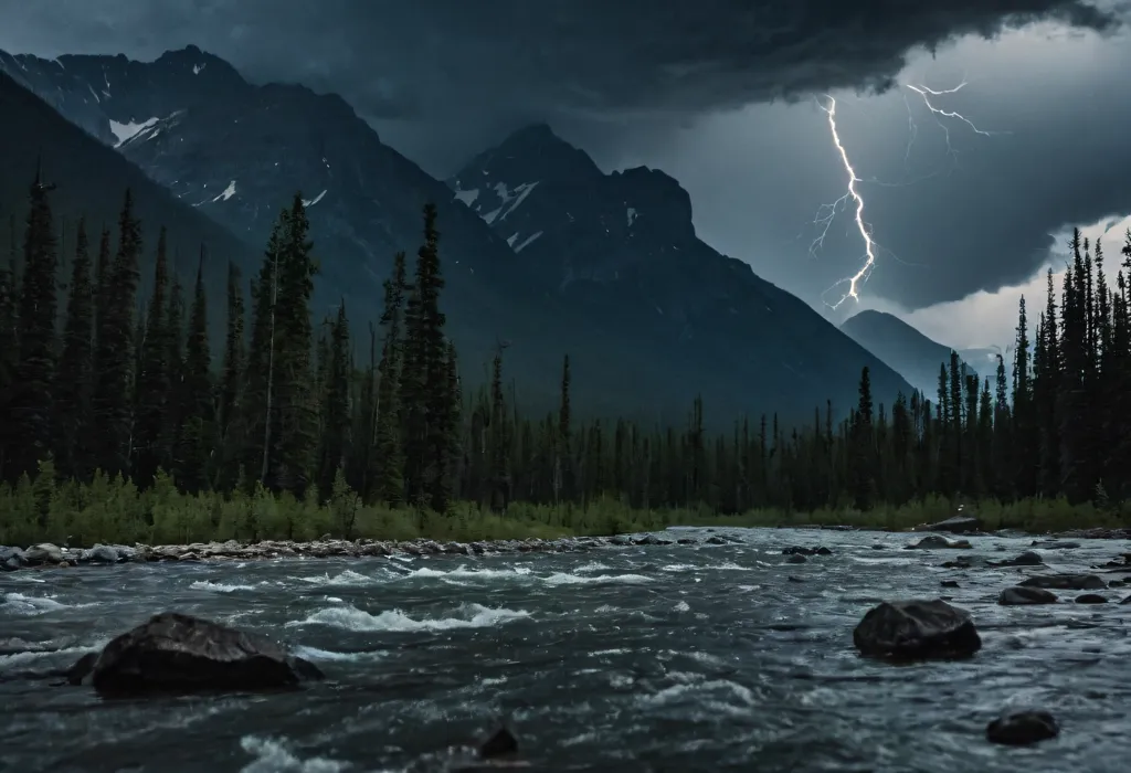 A raging river rushes through a valley. The sky is dark and ominous, filled with storm clouds. A bolt of lightning strikes a tree on the far side of the river, illuminating the scene. The river is swollen and turbulent, with large rocks jutting out of the water. The trees on the banks of the river are tall and majestic. The scene is one of raw natural beauty and power.