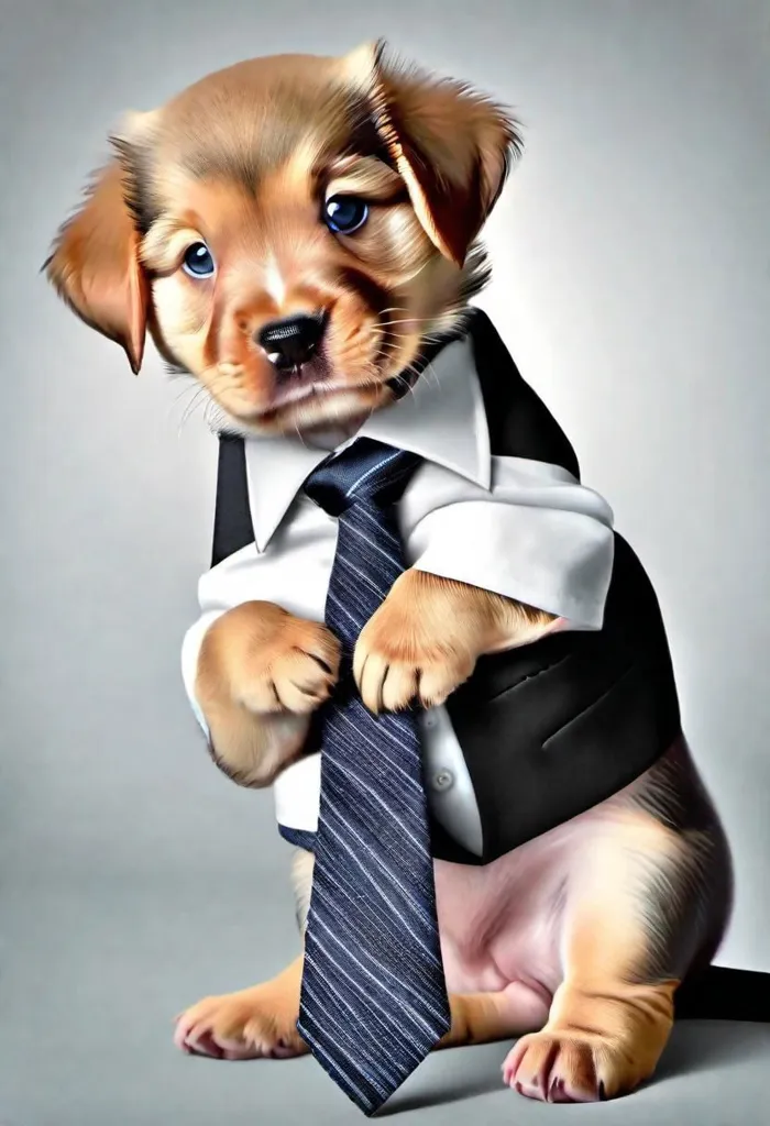 The image shows a puppy wearing a shirt, vest, and tie. The puppy is sitting down and looking at the camera. It has light brown fur, blue eyes, and a black nose. The puppy's outfit is black and white. The shirt is white with a collar and the vest is black with a white stripe running down the center. The tie is black with blue stripes. The puppy looks like he is ready to go to work.