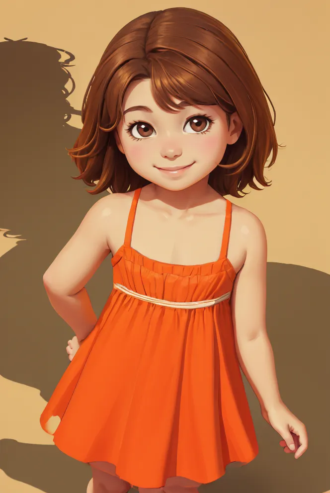 The little girl is wearing an orange dress. She has short brown hair and brown eyes. She is smiling and looks happy. She is standing in front of a beige background.