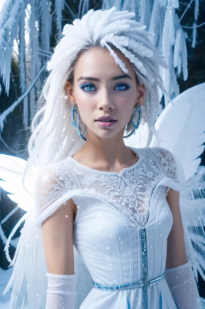 A winter fairy with long white hair and blue eyes is standing in a snowy forest. She is wearing a white dress with a blue sash and has a pair of blue earrings. Her hair is covered in snowflakes and her wings are made of ice and snow. She is looking at the camera with a serene expression.