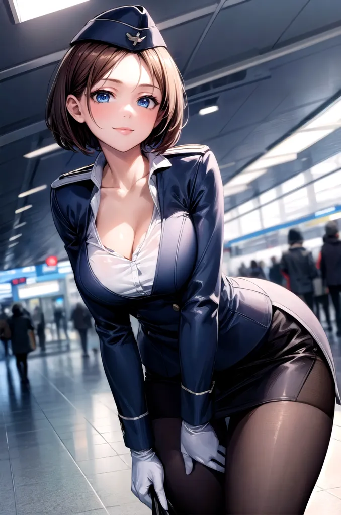 This is an image of a beautiful anime girl with brown hair and blue eyes. She is wearing a blue uniform with a white shirt and black gloves. She is also wearing a hat with a blue brim and a white band around it. She is standing in a hallway with a blurred background.