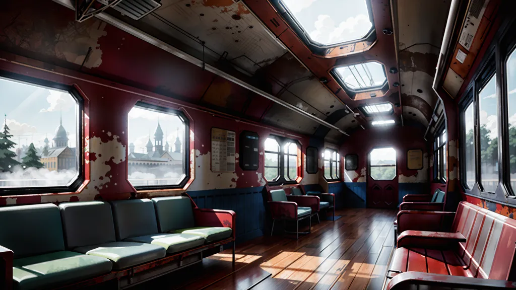 The image shows the interior of a train car. The car is old and dirty, with peeling paint and scratched windows. There are several rows of seats, some of which are empty and some of which are occupied by people. The people are all wearing casual clothes and look tired. The train is moving through a city, and the scenery outside the window is of a cityscape. The buildings are tall and close together, and the streets are crowded with people. The train is moving slowly, and it looks like it is about