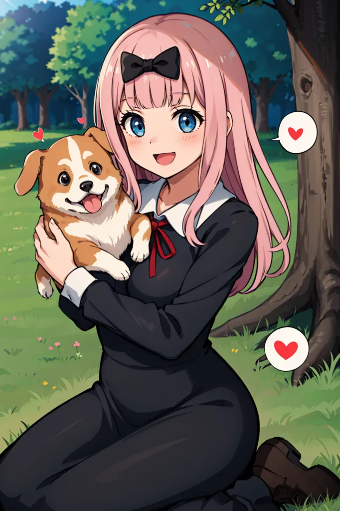 The image is of a young girl with pink hair and blue eyes. She is wearing a black dress with a red ribbon. She is sitting on the grass and holding a small brown and white dog. The dog is smiling and the girl is looking at it with a happy expression on her face. There are green trees in the background and pink hearts floating around.