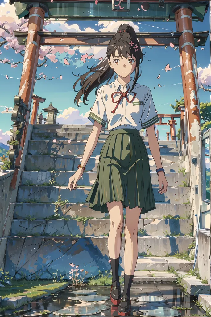 This is an image of a girl standing on a stone staircase. The girl is wearing a white shirt, a green skirt, and a red ribbon in her hair. She has brown hair and brown eyes. She is looking at the camera. There are cherry blossoms falling around her. There is a torii gate in the background. The sky is blue and there are clouds in the background.