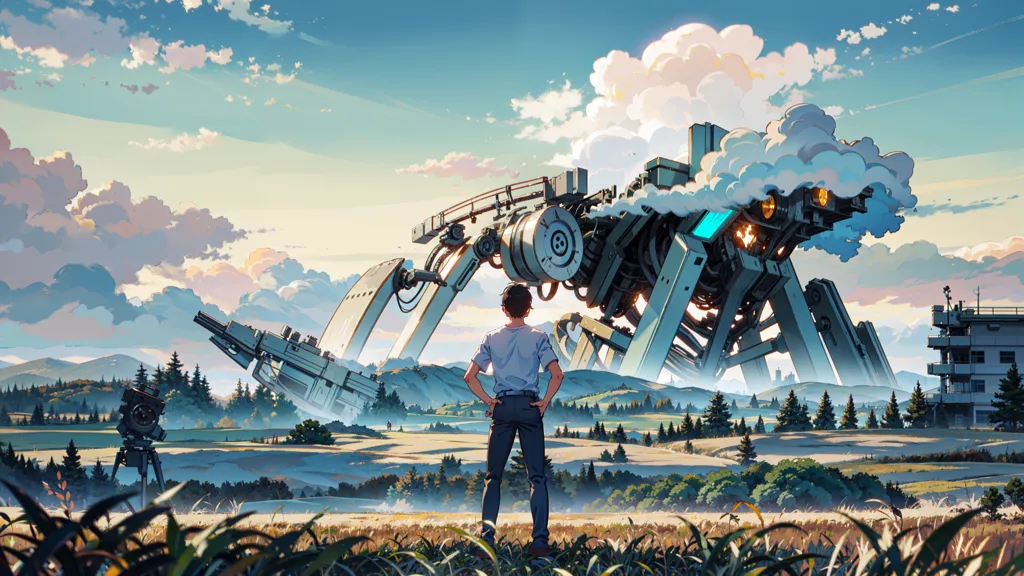 The image shows a giant robot standing in a field. The robot is made of metal and has a blue and white color scheme. It has a large head with a single eye and a mouth that is open. The robot's body is made up of a series of large, cylindrical segments. Its arms and legs are long and thin, and it has a large, flat foot.

The robot is standing in a field of tall grass. There are trees in the background and a large mountain range in the distance. The sky is blue and there are some clouds in the sky.

There is a person standing in the foreground of the image. The person is wearing a blue shirt and jeans. They are looking at the robot with a look of awe on their face.

The image is post-apocalyptic. The robot is a reminder of a time when humans were at war with each other. The person in the foreground is a survivor of the war. They are looking at the robot with a sense of wonder and hope.