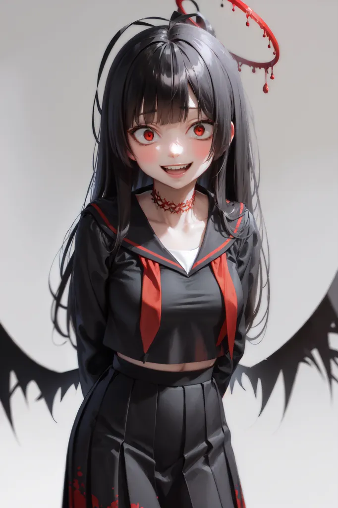 The image is a painting of a young girl with long black hair. She is wearing a black sailor-style outfit with a red scarf. She has red eyes and a choker with a rose on it. She is smiling and has her hands at her sides. There are bat wings behind her. The background is white.