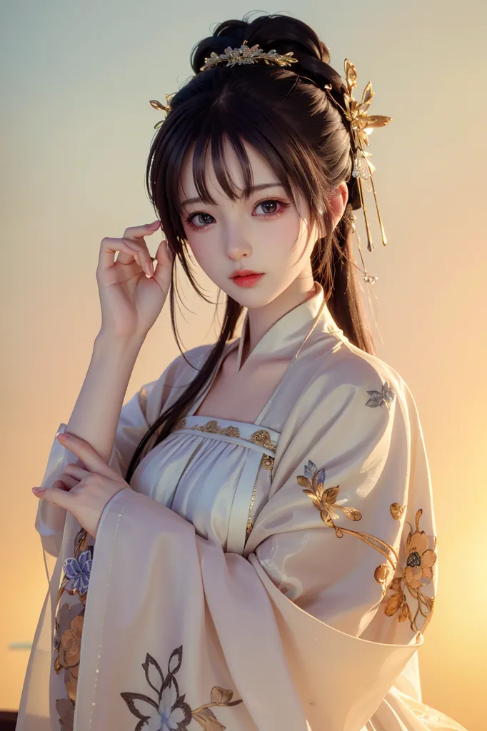 The image shows a young woman with long black hair and brown eyes. She is wearing a traditional Chinese dress with a white and gold pattern. The dress has a high collar and long sleeves. She is also wearing a gold necklace and a gold bracelet. Her hair is done up in a bun with a gold hairpin. She is standing in front of a sunset.