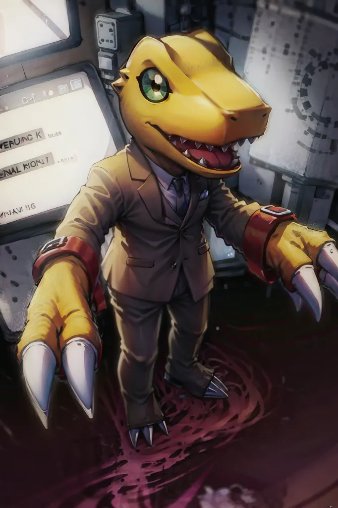 The image shows a yellow reptilian creature wearing a suit and tie. The creature has green eyes and sharp teeth. It is standing in a dark room with a red floor. There are several computers and monitors in the background.