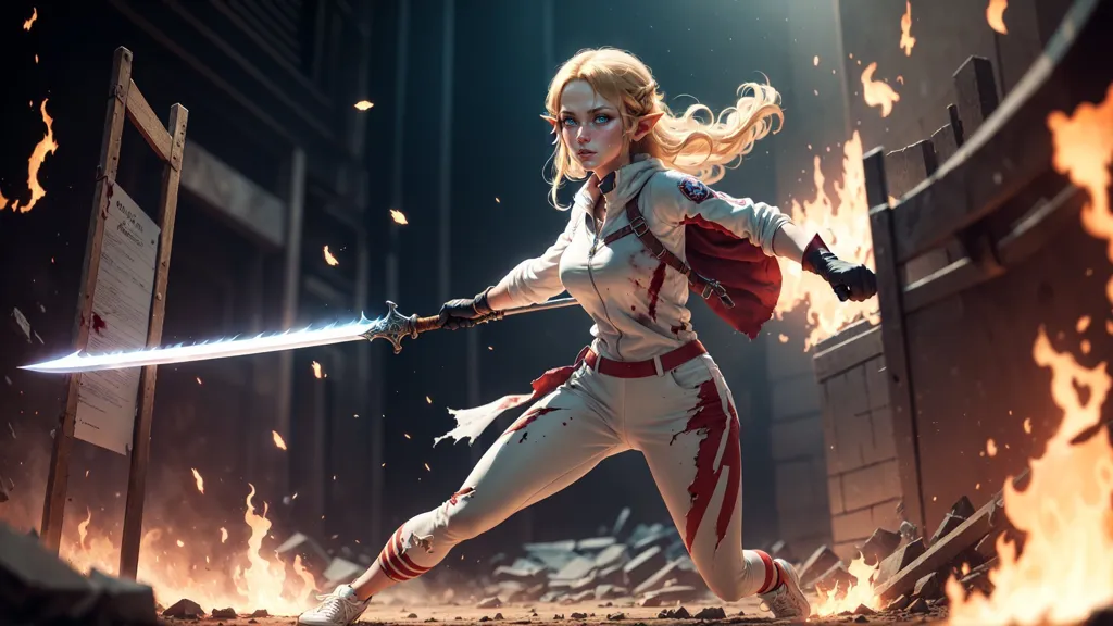 This is an image of a blonde female elf in a white and red outfit, wielding a sword. She is in a fighting stance, with her left leg forward and her right leg back. She is surrounded by fire and debris, and there is a building in the background. The elf has a determined expression on her face, and she is clearly ready for a fight.