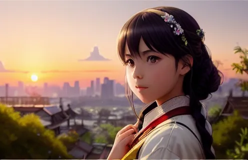 A beautiful young woman with long black hair and brown eyes is standing in a field of flowers. She is wearing a traditional Korean hanbok and is looking at the sunset. The sun is setting over a large city in the distance. The sky is a gradient of orange and yellow. The foreground is blurry but appears to be a meadow with long grass.