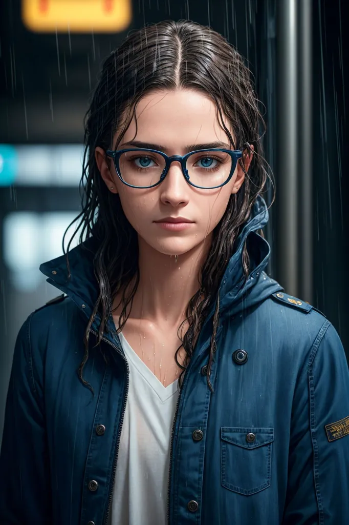 L'image est un portrait d'une jeune femme. Elle a de longs cheveux foncés qui sont mouillés par la pluie. Elle porte des lunettes, une chemise blanche et une veste bleue. L'arrière-plan est flou, et il y a une source de lumière sur le côté gauche de l'image. La femme regarde l'appareil photo avec une expression sérieuse.