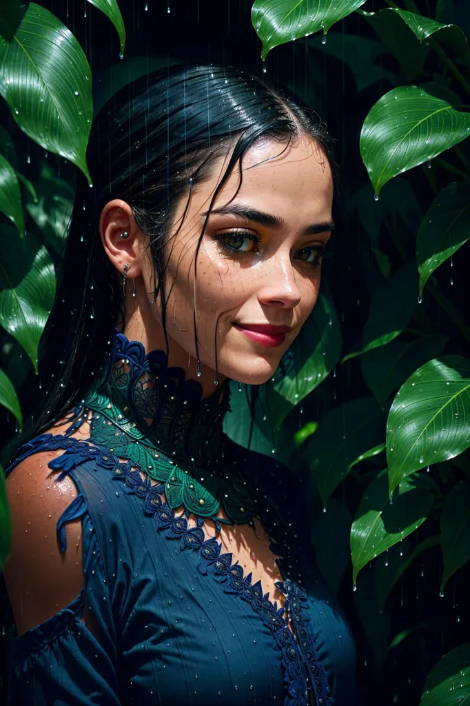 A imagem mostra uma mulher jovem com cabelos longos e escuros. Ela está usando um vestido azul com um colarinho branco. A mulher está em pé em uma selva exuberante e verde, e está chovendo. As gotas de chuva estão caindo em seu cabelo, rosto e roupas. A mulher tem uma expressão serena no rosto e parece estar apreciando a chuva.