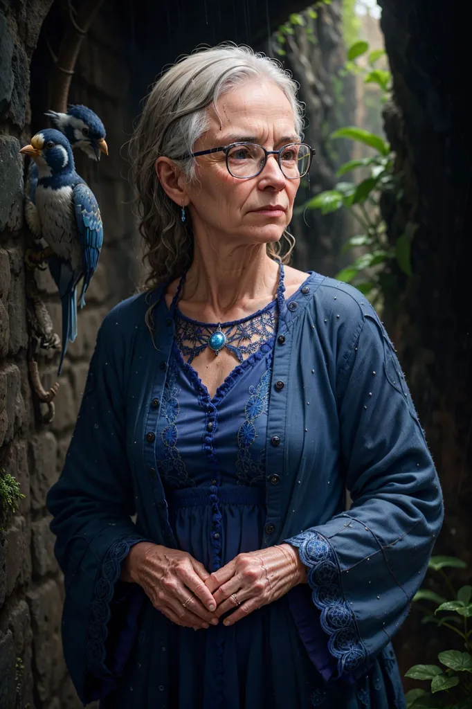 La photo montre une femme aux cheveux gris et portant des lunettes. Elle porte une robe bleue avec un col blanc. Elle a un collier avec une pierre bleue au centre. Elle se tient devant un mur de pierre avec un oiseau sur son épaule. L'oiseau est bleu avec un bec jaune. La femme regarde vers la droite du cadre, qui est principalement rempli par une grande feuille verte.