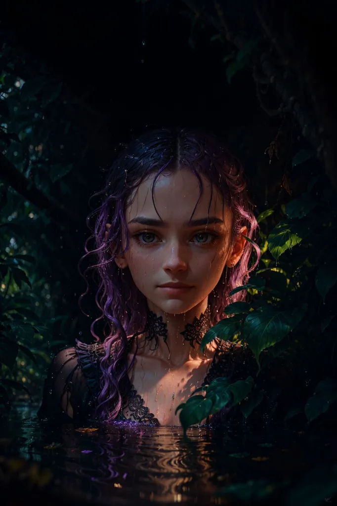 Una mujer con el cabello morado y ojos verdes está de pie en un bosque oscuro. Lleva un vestido negro con un cuello blanco. El cabello de la mujer está mojado y su piel brilla. Está de pie en un charco de agua y está rodeada de hojas verdes. La expresión de la mujer es de tristeza y anhelo.