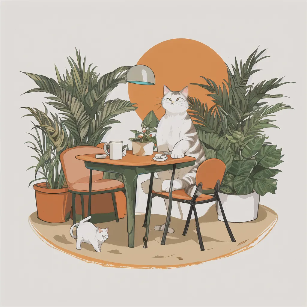 The image is a cartoon drawing of a cat sitting on a chair at a table. The cat is gray and white, and it has a smug expression on its face. It is looking at a small white kitten who is walking towards it. The table is round, and there are two cups on it. There is also a small potted plant on the table. The cat is sitting in a lush indoor garden with many potted plants and a large orange circle in the background.