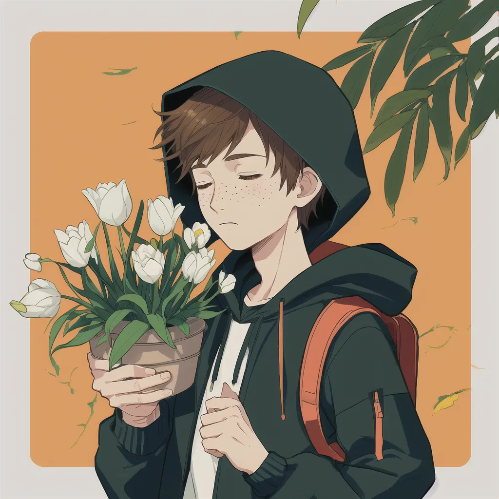 This is an illustration of a young boy with a backpack holding a flower pot with both hands. He is wearing a dark green hoodie with a light green t-shirt underneath. The boy has brown hair and freckles on his face. He is looking down at the flowers with a gentle expression. There is a plant with green leaves in the background on the right side of the image. The background is a solid orange color.