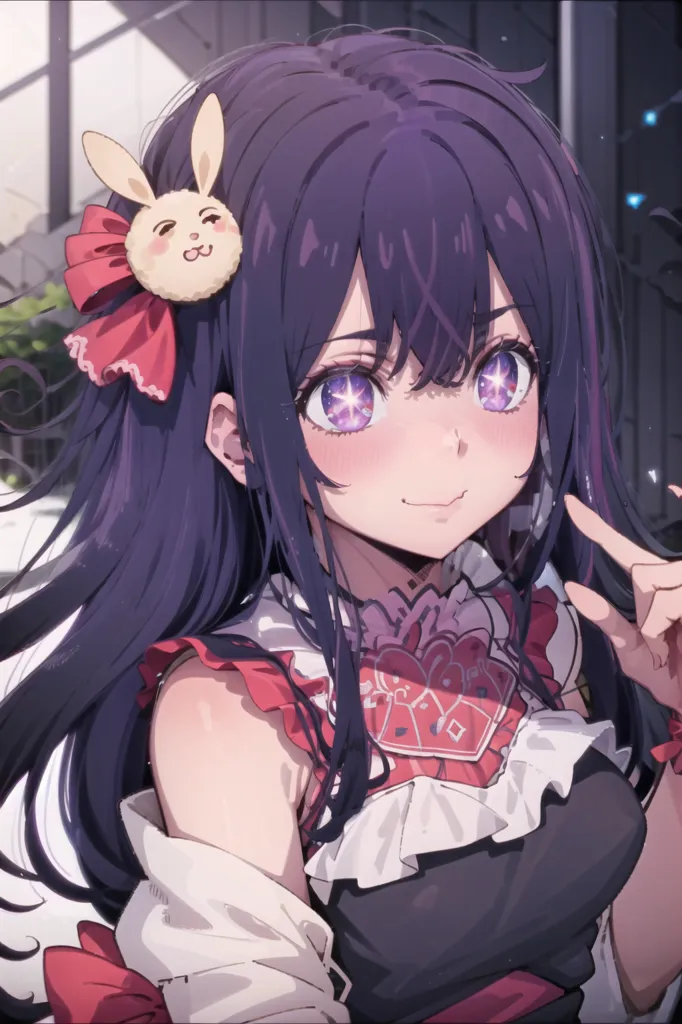 The image is a portrait of a young woman with long purple hair and purple eyes. She is wearing a red and white dress with a white collar. She has a small white bow in her hair with a pink bunny on it. She is smiling and has her hand raised in a peace sign. She is standing in front of a white background with a building in the distance.