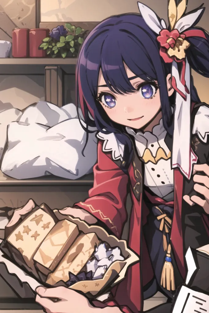 The image is of a girl with purple hair and blue eyes. She is wearing a red and white dress with a white apron. She has a flower in her hair and is holding a plate of food. The background is of a kitchen with a table and a shelf. On the shelf are some books and plants.