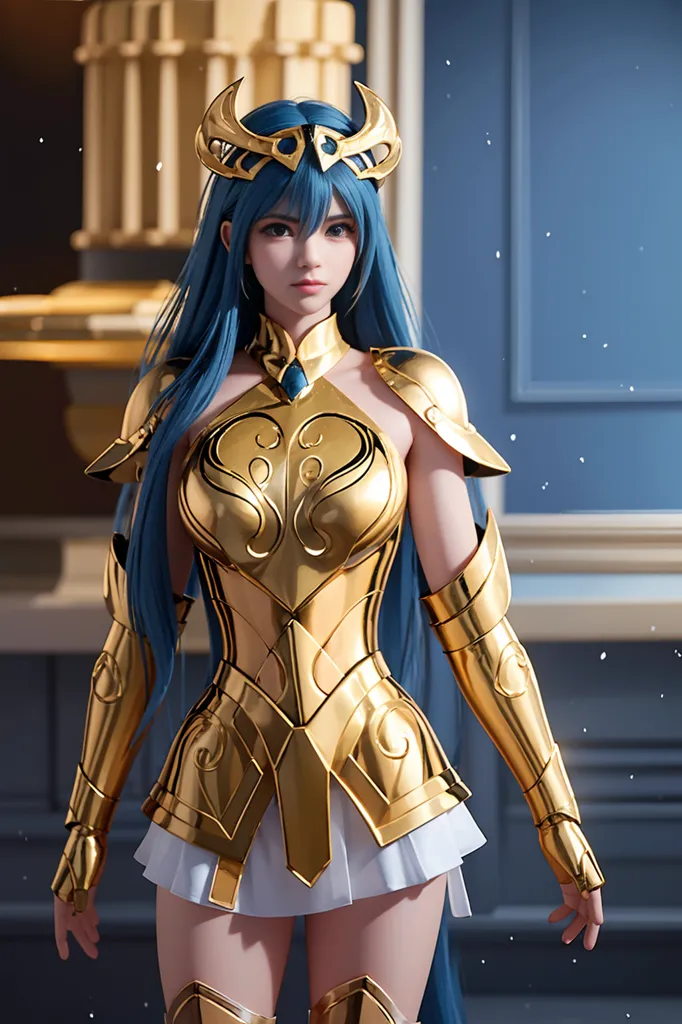 The image shows a young woman with long blue hair. She is wearing a golden armor and a white skirt. She has a serious expression on her face. She is standing in a room with blue walls and a golden floor. There is a column on the left side of the room and a statue on the right side.