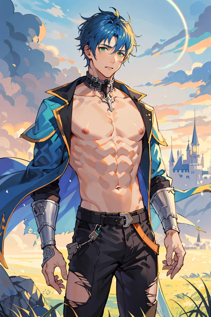 This is an image of a shirtless man with blue hair and green eyes. He is wearing black pants and a blue cape. He has a muscular build and is standing in a field with a castle in the background. The sky is blue and there are clouds in the background.