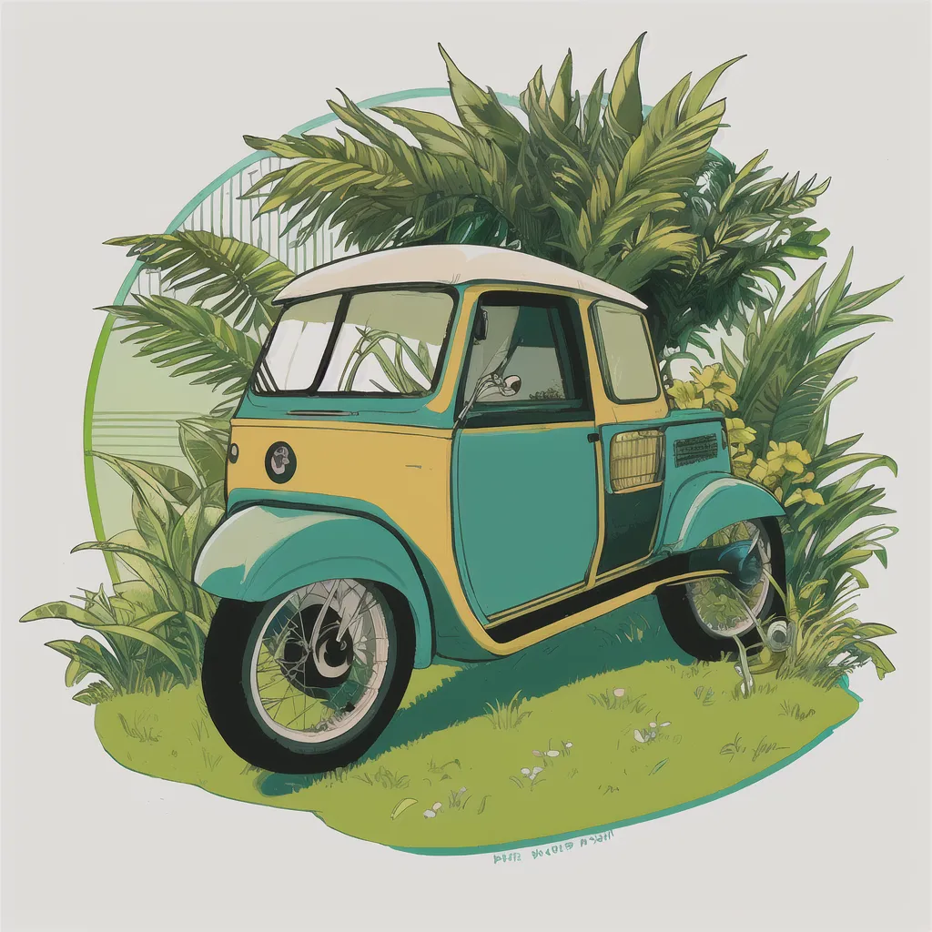 L'image représente un véhicule à trois roues bleu clair et jaune avec un toit blanc garé dans un cadre tropical luxuriant. Le véhicule a un petit lit à l'arrière et est entouré de grands palmiers et d'autres plantes tropicales. Le soleil brille intensément et le ciel est d'un bleu limpide. L'image est paisible et sereine, et elle évoque un sentiment de nostalgie.