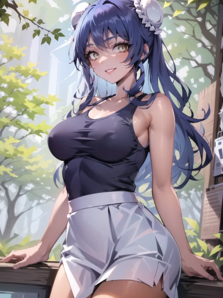 The image shows a young woman with long blue hair and yellow eyes. She is wearing a black tank top and a white skirt. She is standing in a lush forest, and she has a confident smile on her face.