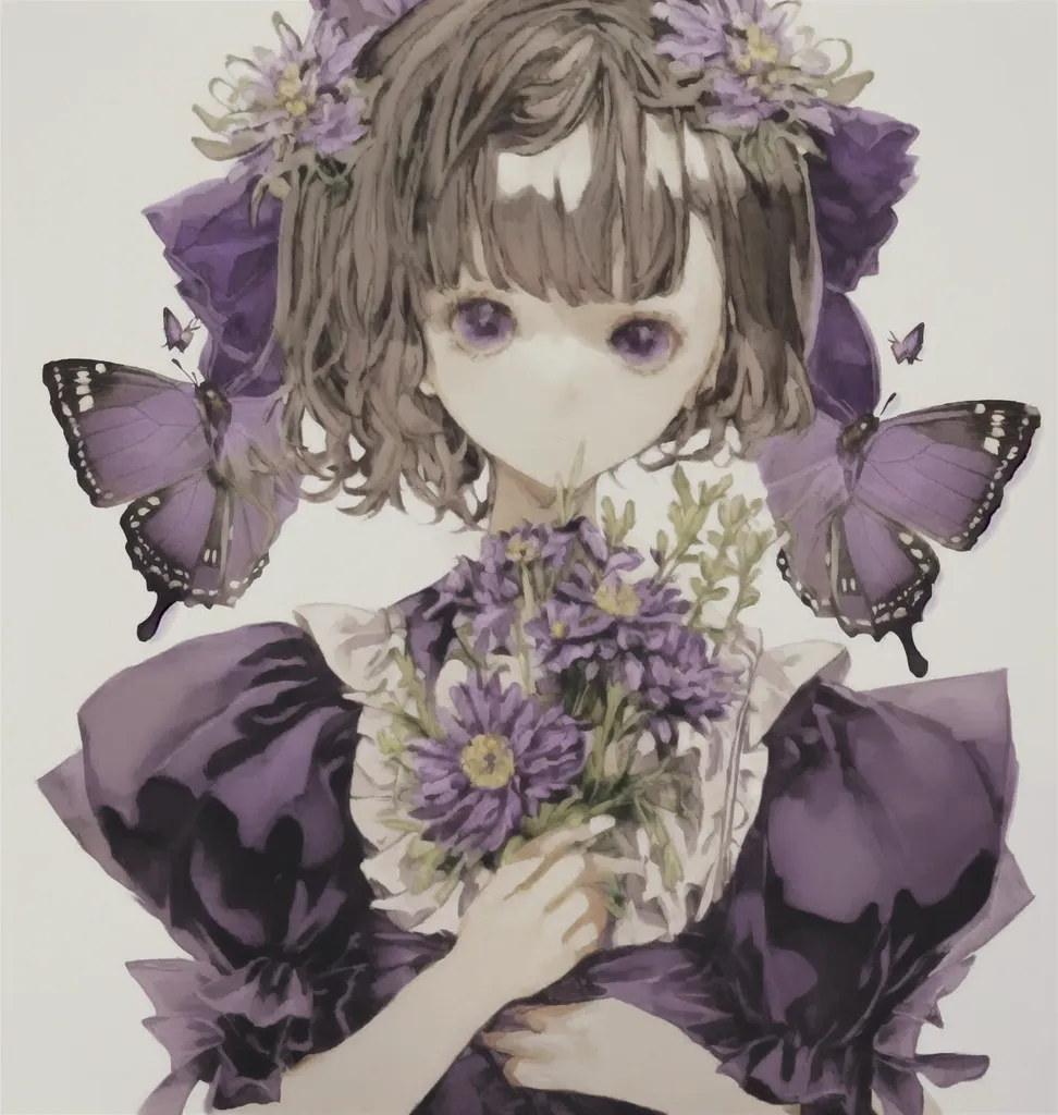 The image is a painting of a girl with short brown hair and purple eyes. She is wearing a purple dress with a white collar and a purple bow in her hair. She is holding a bouquet of purple flowers. There are two purple butterflies on either side of her head. The background is white. The painting is done in a realistic style, and the girl's expression is serene.