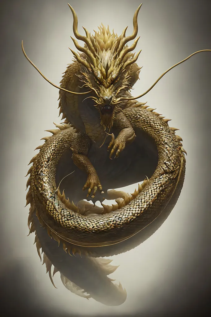 The image shows a golden dragon with long, flowing hair-like whiskers. It has a long, serpentine body with sharp claws on its feet and a spiky ridge running down its back. The dragon is coiled in a circle, with its head raised and its eyes narrowed. It has a fierce expression on its face, and its mouth is open, baring its sharp teeth. The dragon is surrounded by a smoky mist, which adds to its mysterious and powerful appearance.