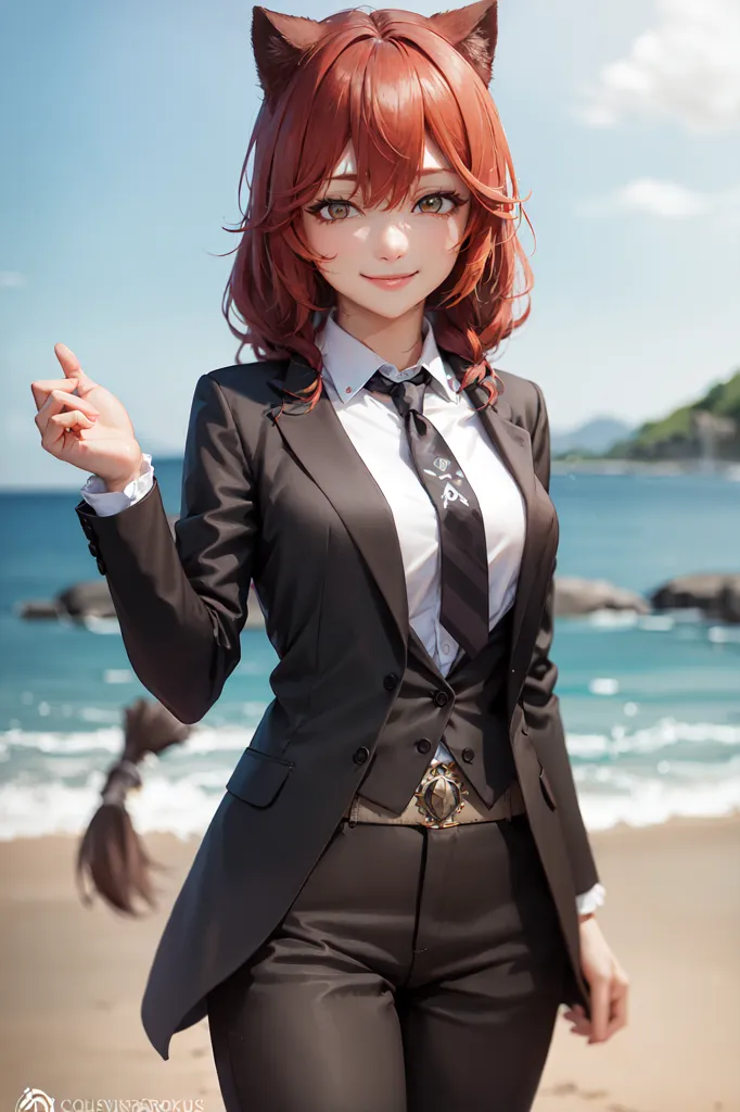 The image is of a beautiful young woman with long red hair and cat ears. She is wearing a black suit and tie, and she has a confident smile on her face. She is standing on a beach, and the ocean is behind her. There are also some rocks on the beach. The sun is shining, and the sky is blue.