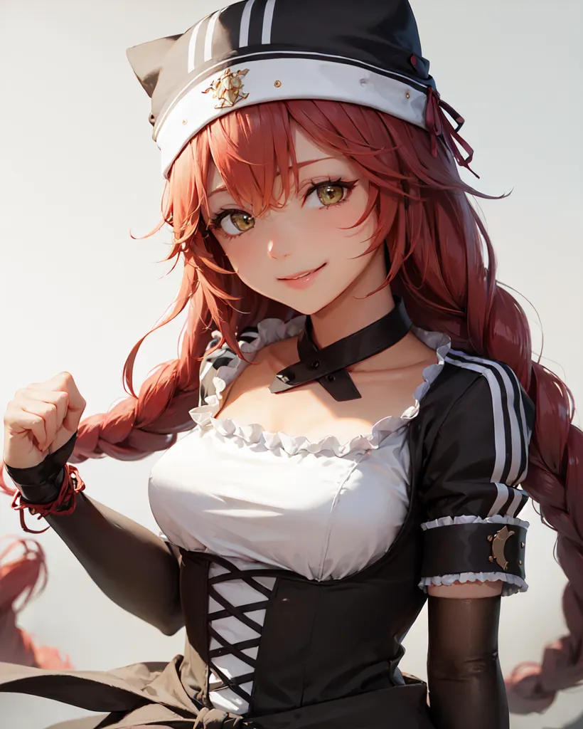 The image shows a young woman with long red hair and yellow eyes. She is wearing a black and white maid outfit with a cat ear hat. She has a friendly smile on her face and is looking at the viewer.