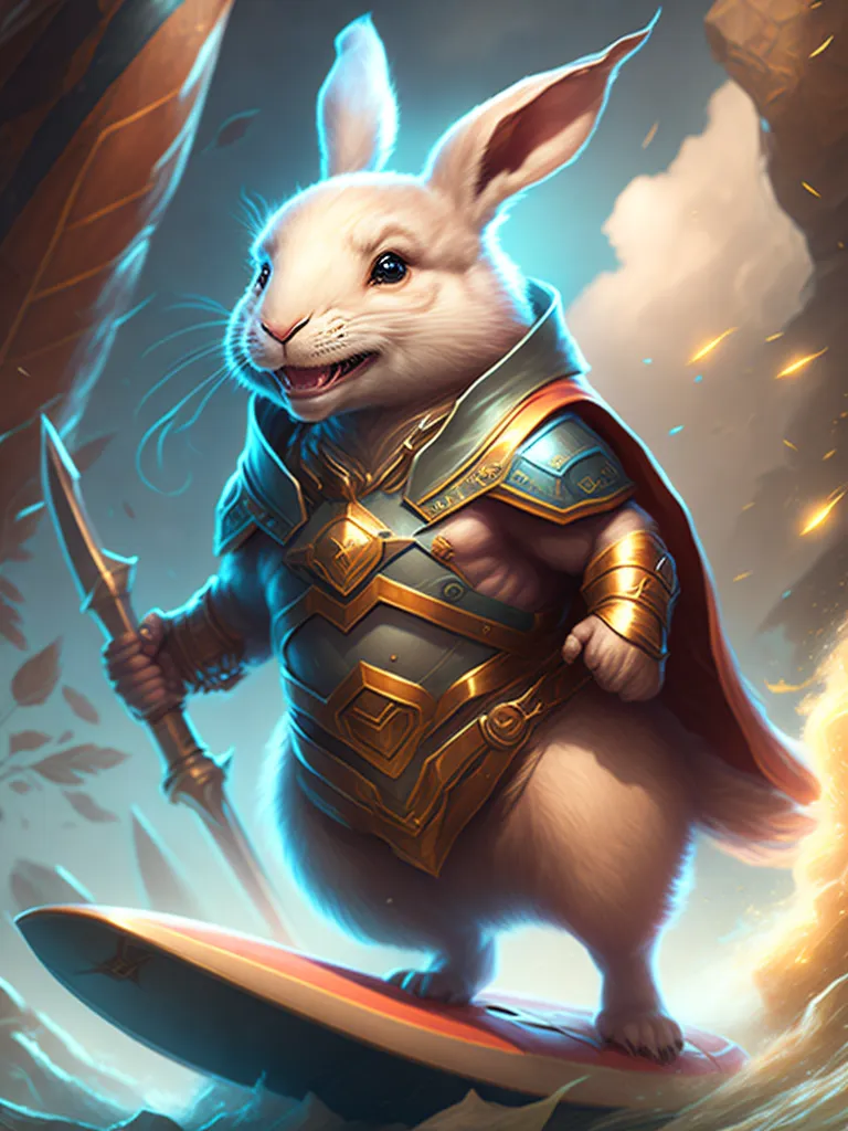 The image shows a white rabbit wearing golden armor and holding a sword. The rabbit is standing on a surfboard and there are flames coming out from the back of the surfboard. The background is a blue sky with clouds.