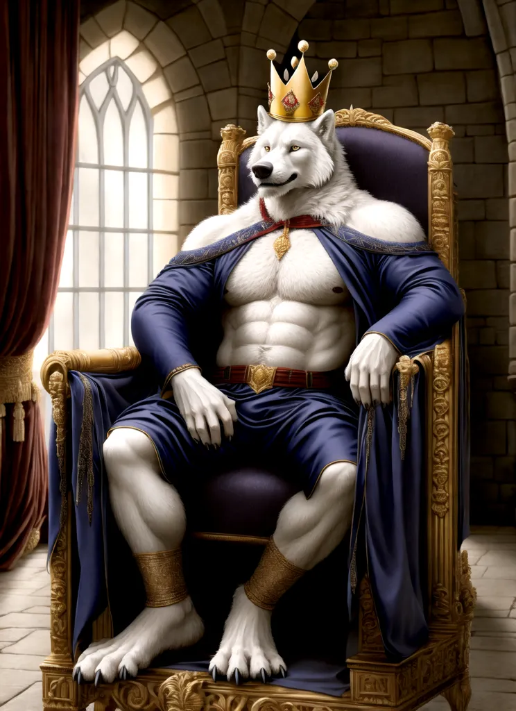 The image shows a muscular white wolf sitting on a throne. He is wearing a golden crown and a blue robe with a white fur collar. The robe is open, showing his muscular chest and abs. He is also wearing a red sash around his waist. He has a gold necklace with a red jewel in the center. He is sitting in a relaxed pose with one hand resting on the arm of the throne and the other hand holding a scepter. There is a large window to the left of the wolf.