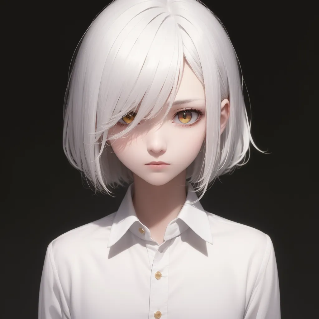 La imagen es una pintura digital de una mujer joven con el cabello corto y blanco y ojos dorados. Lleva una camisa blanca y tiene una expresión seria en el rostro. El fondo es de un color oscuro.