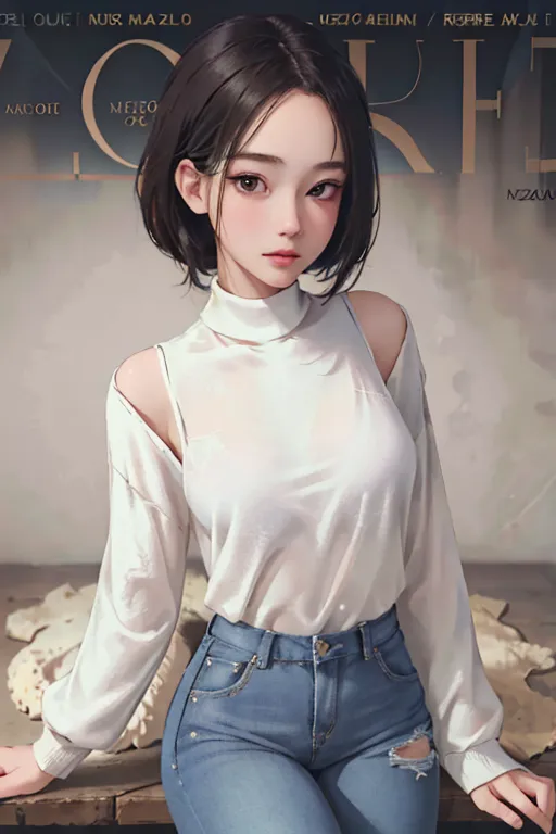 The image shows a young woman with short black hair and light brown eyes. She is wearing a white turtleneck blouse with cut-out shoulders and blue jeans with holes at the knees. She is standing with her left hand on her hip and her right hand hanging by her side. She has a confident expression on her face and is looking at the viewer. She is standing in front of a blurred background with a hint of a magazine cover behind her.