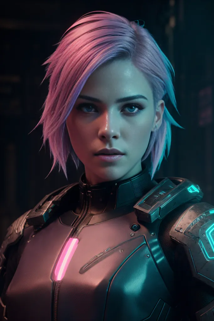 This is an image of a young woman with pink hair and blue eyes. She is wearing a black and gray suit of armor. The suit has pink and blue lights on it. She is looking at the viewer with a serious expression. She has a gun in her hand. She is standing in a dark room. There are blue lights in the background.