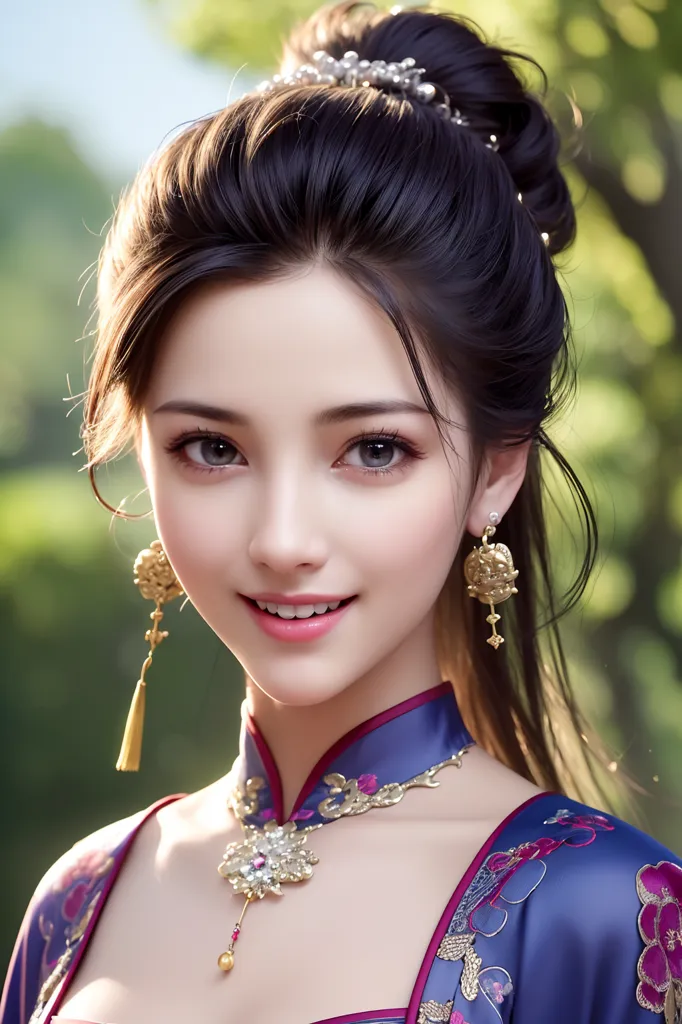 The image shows a young woman with long black hair, brown eyes, and a gentle smile. She is wearing a traditional Chinese dress with a purple bodice and a white skirt. The dress is decorated with intricate patterns and gold trim. She is also wearing a necklace and earrings. Her hair is pulled back into a bun and she has a small red flower in her hair. The background is a blur of green leaves.