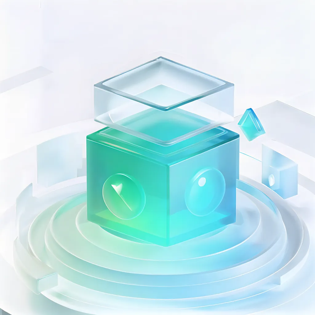 The image is of a 3D cube made of glass with rounded corners. The cube is sitting on a podium with a circular indent where it sits. There is a smaller glass cube sitting on top of the larger cube that is open on one side. Inside the open cube is a green and blue sphere. There are also two small blue cubes and one small green cube sitting on the podium next to the large cube.