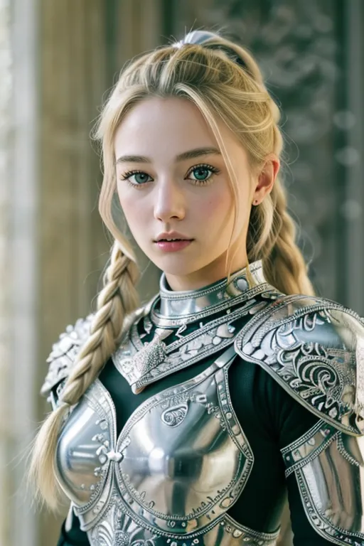 The image shows a young woman with long blonde hair and blue eyes. She is wearing a silver breastplate with intricate designs and dark gray sleeves. The breastplate has a high collar that covers her neck. Her hair is pulled back into a single braid that falls over her right shoulder. She has a determined expression on her face.