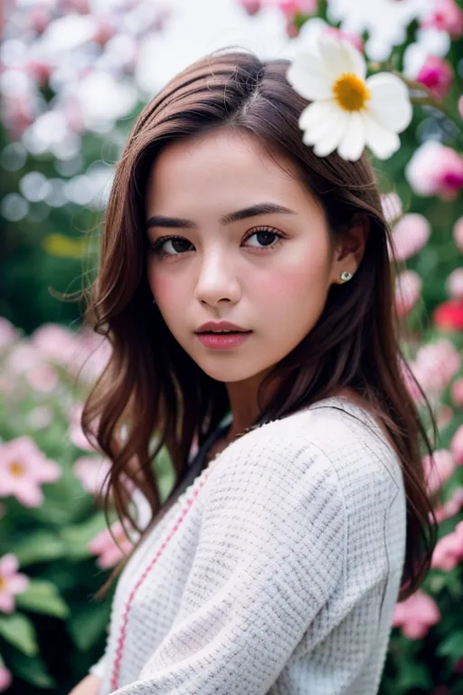 The image shows a young woman with long, dark hair. She is wearing a white sweater with a pink collar. There is a white flower in her hair. The woman is standing in a garden, surrounded by colorful flowers. She is looking at the camera with a soft smile on her face.