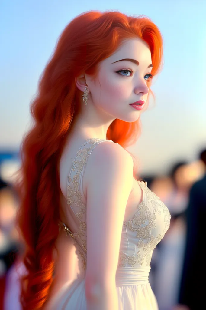 The image shows a beautiful woman with long, flowing red hair. She is wearing a white dress with intricate gold detailing. The woman is standing in a crowd of people, but she seems to be lost in thought. Her eyes are looking off into the distance, and her face is serene. The image is painted in a realistic style, and the colors are vibrant and lifelike. The woman's hair is particularly striking, and it seems to glow in the sunlight. The image is a portrait, and it captures the woman's beauty and grace.