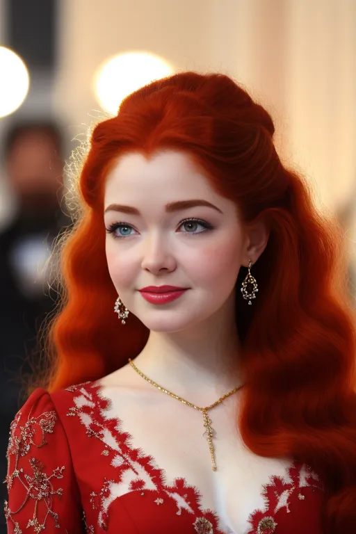 The image shows a young woman with long, red hair. She is wearing a red dress with a sweetheart neckline and a high collar. The dress is embroidered with gold thread and has a long train. She is also wearing a necklace and earrings. Her hair is styled in a half-up, half-down style with the top half pulled back into a bun and the bottom half left loose in waves. She has a soft smile on her face and her eyes are looking at the camera. The background is blurred and out of focus.