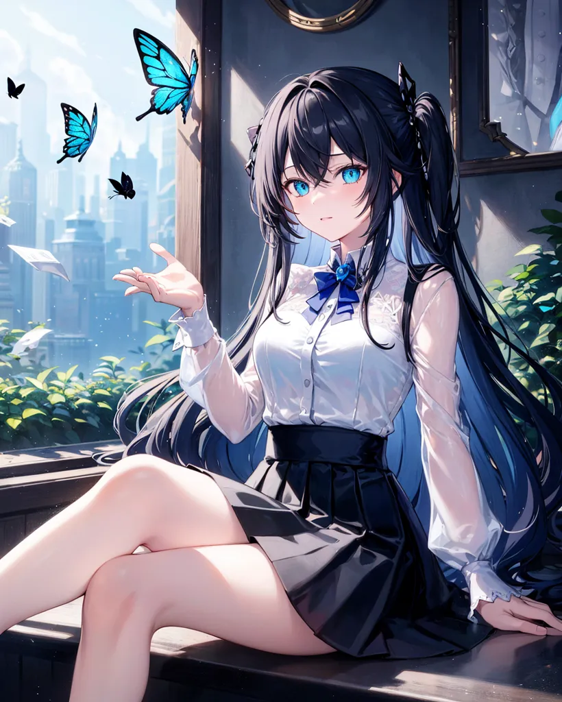 The image shows a young woman with long black hair and blue eyes. She is wearing a white blouse, a black skirt, and a blue bow tie. She is sitting on a bench in a garden, surrounded by plants and flowers. There are also three blue butterflies in the image. The woman is looking at the butterflies with a gentle smile on her face. The image is peaceful and serene.