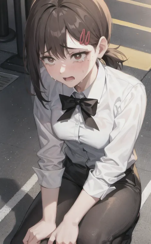 The image depicts a young woman with brown hair and brown eyes. She is wearing a white dress shirt with a black bowtie and black pants. She is kneeling on the ground with her hands on her knees and her head bowed down. She is crying and her eyes are closed. The background is blurry and consists of a sidewalk with yellow lines.