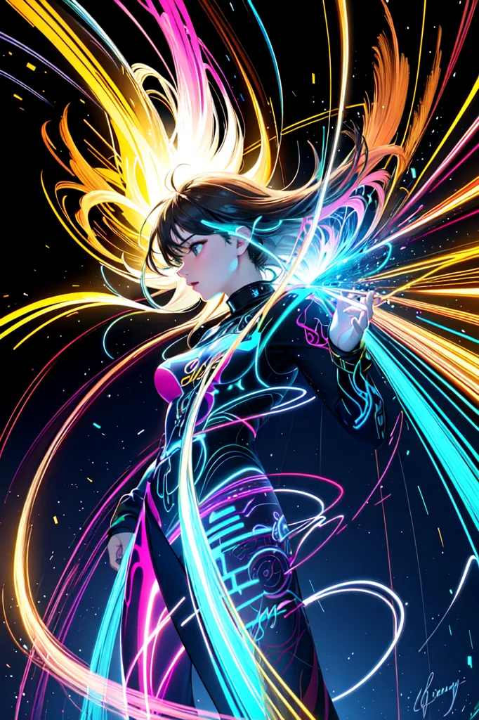 This is an image of a young woman standing in a dark space. She has long brown hair and is wearing a black bodysuit with pink and blue accents. The bodysuit has a high collar and a zipper down the front. She is also wearing a pair of black boots. The woman is surrounded by colorful streaks of light. The light is coming from her hands and swirling around her body. The background is dark blue with a starry night sky.