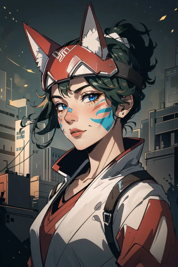 The image is of a young woman with short green hair and blue eyes. She is wearing a red and white outfit and has a fox-like mask on her head. She is standing in front of a city skyline and there are buildings and a large tower in the background.